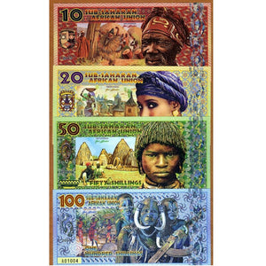Sub-Saharan Africa Union, 4 PCS Banknotes, 10-100 Shillings, 2019, Fantasy Polymer Banknote for Collection, Angola Cameroon Mali Congo