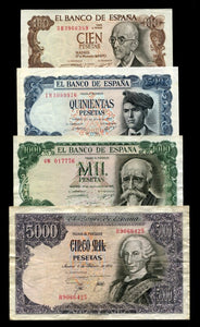 Spain, Set 4 PCS, 1970-1976, (100 500 1000 5000 Peseta) Banknotes, Used F Condition, Real Original Rare Banknote for Collection