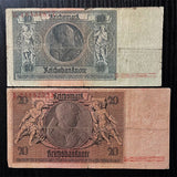 Germany, Set 2 PCS, 10 20 Marks, 1929, VF Used Condition Banknotes,  Rare Banknote for Collection