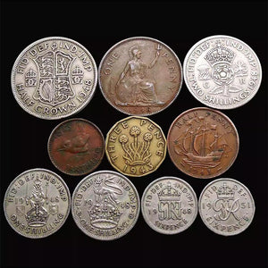 UK, British, Set 10 PCS Coins, 1937-1949, Used Condition, Original Coin for Collection