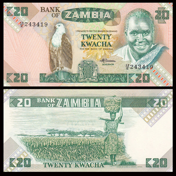 Zambia 20 Kwacha, 1988 P-27, UNC Banknote for Collection