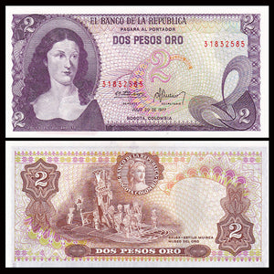 Colombia, 2 Pesos, 1972-1977 P-413, UNC Original Banknote for Collection