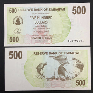 Zimbabwe 500 Dollars, 2006, UNC Original Banknote for Collection