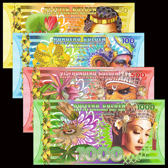 Netherlands East Indies Set 4 PCS (50-1000 Gulden) Polymer Banknotes, Banknote for Collection