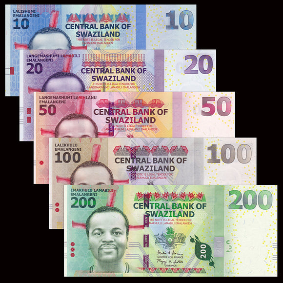 Swaziland, Set 5 PCS Banknote, (10-200 Emalangeni), P36-40, UNC Original Banknote for Collection