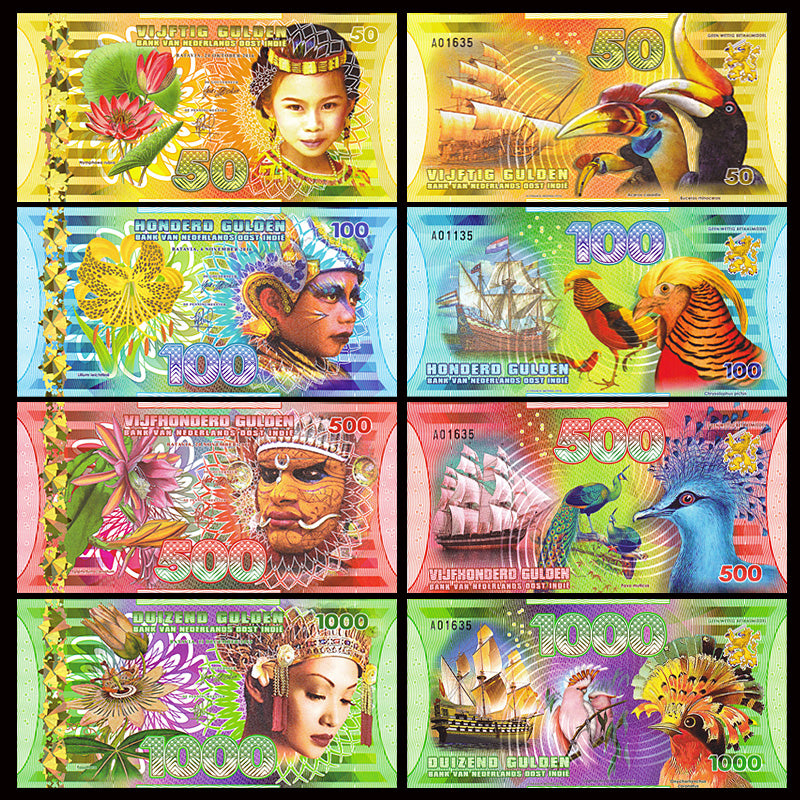 Netherlands East Indies Set 4 PCS (50-1000 Gulden) Polymer Banknotes ...