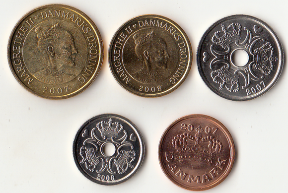 Denmark,  Set 5 PCS Coins, UNC Original Coin for Collection