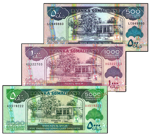 Somaliland Set 3 pcs ( 500 1000 5000 Shillings ) 2010-2014 P-6 banknotes ,  UNC Original Banknote