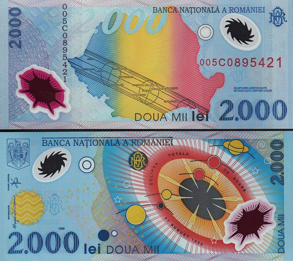 Romania 2000 Lei 1999 Polymer banknote, Total Solar Eclipse, UNC commemorative original 1 piece