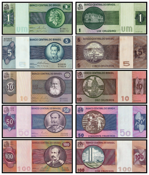 Brazil, 1,5,10,50,100 Cruzeiros,  Set 5 PCS Banknote, AUNC Original Banknote for Collection
