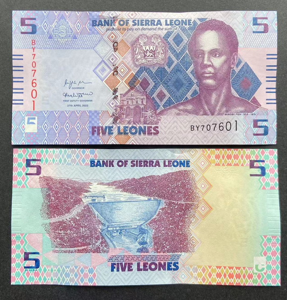 Sierra Leone, 5 Leone, 2022, P-W37, UNC Original Banknote for Collection