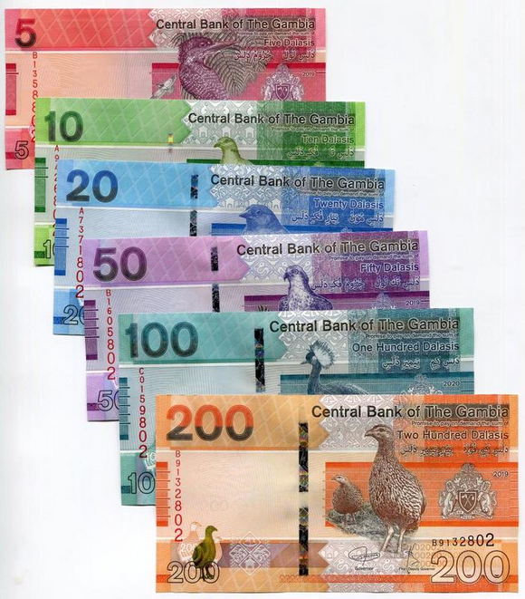 Gambia, Set 6 PCS, 5,10,20,50,100,200 Dalasis, P37-42,  Banknotes, UNC Real Original Banknote for Collection, Paper Money