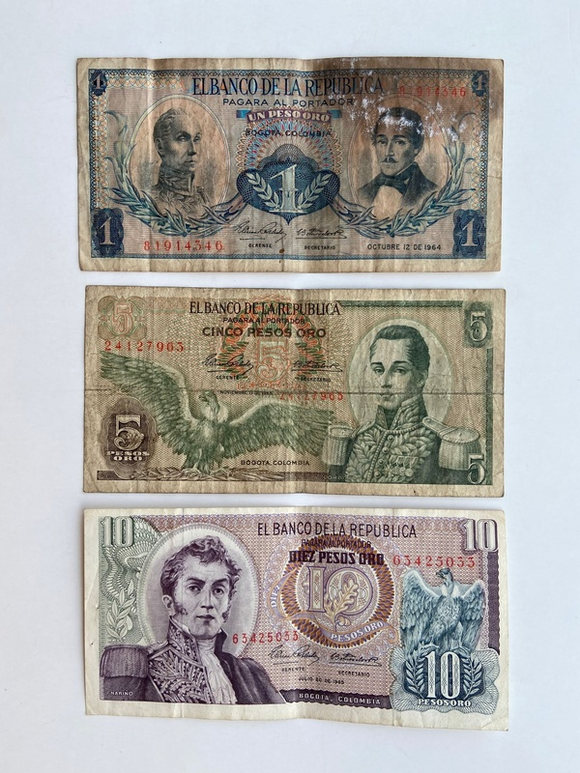 Colombia, Set 3 PCS, 1964, 1 5 10 Pesos Banknotes, Used XF Condition, Old Rare Banknote for Collection