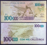 Brazil, 100000 Cruzeiros, 1993 VF Conditon Banknote for Collection