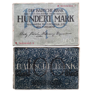 Germany, 100 Hundert Mark, 1918, German Bavaria, Badische Bank, Used Condition (XF), Original Banknote for Collection
