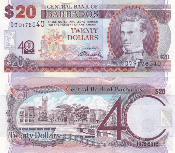 Barbados, 20 Dollars, 2012, UNC Original Banknote for Collection