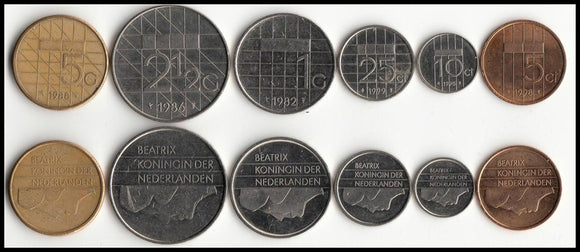 Netherlands Set 6 Coins , 5 10 25 Cents +1 2.5 5 Guldens, 1996-2001, UNC original coin
