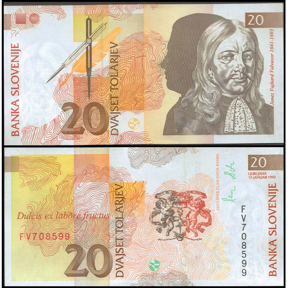 Slovenia 20 Tolarjev, 1992 P-12, UNC Original Banknote for Collection