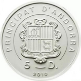 Andorra Pirineus, 5 Dinar, 2010, UNC Original Silver Coin for Collection