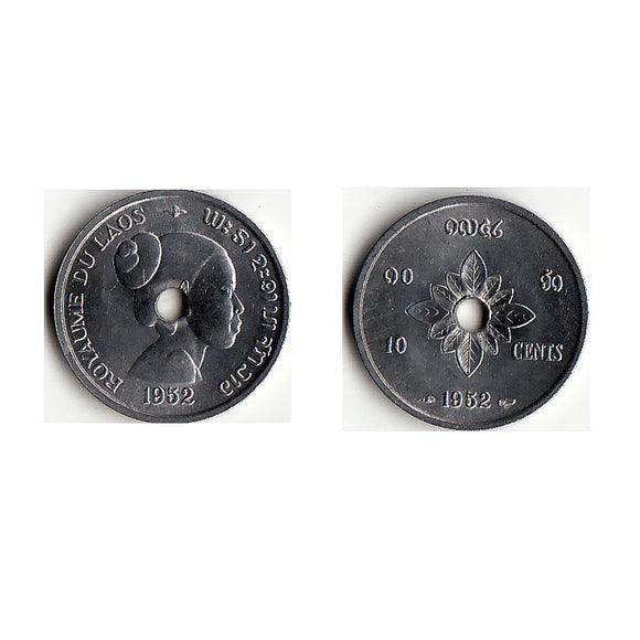 Laos 10 Cent 1952 KM#4 Coin , Original Coins