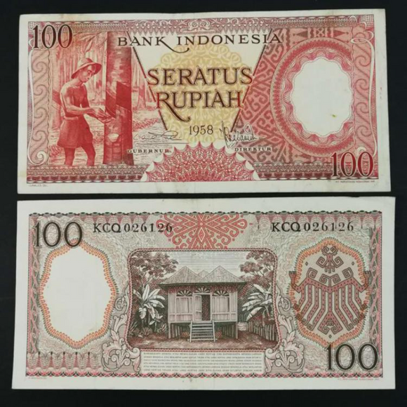 Indonesia, 100 Rupiah, 1958, VF Used Condition, Original Banknote for Collection