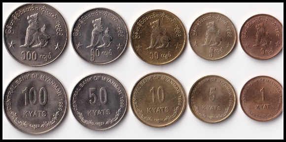 Myanmar, Set 5 PCS Coins, UNC Original Coin for Collection