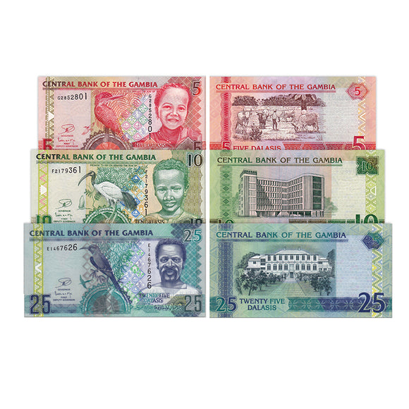 Gambia, Set 3 PCS, 5,10,25 Dalasis, 2013 P-25 26 27, UNC Original Banknote for Collection, Paper Money, 1 Set