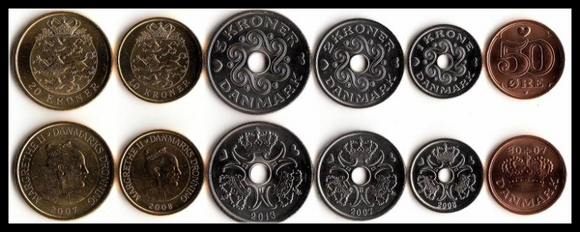 Denmark, Set 6 PCS Coins, UNC Original Coin for Collection