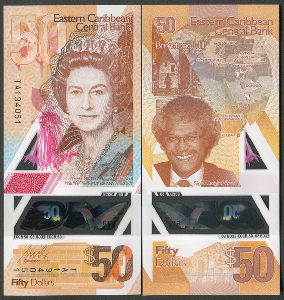 Eastern Caribbean, 50 Dollars, 2019,  P-58, UNC Original Polymer Banknote for Collection