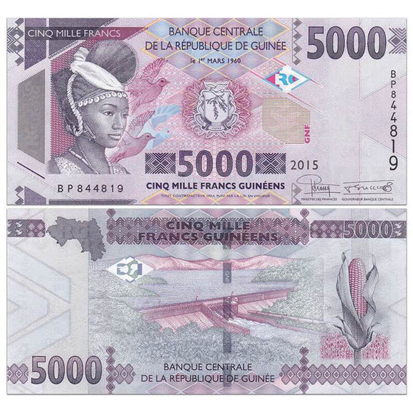 Guinea 5000 Francs, 2015 P-49, UNC Original Banknote for Collection