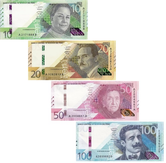 Peru, (10.20.50.100 Soles), Set 9 PCS Banknotes, 2019(2022), UNC Original Banknote for Collection
