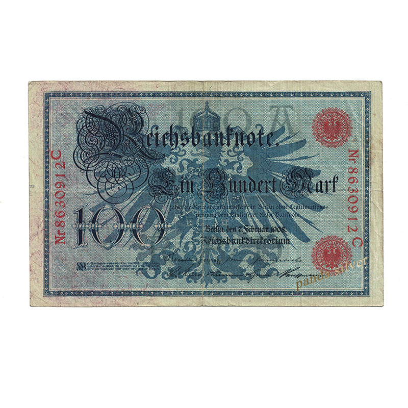 Germany 100 Marks, 1908 P-34, Used VF Condition, Old Original Note