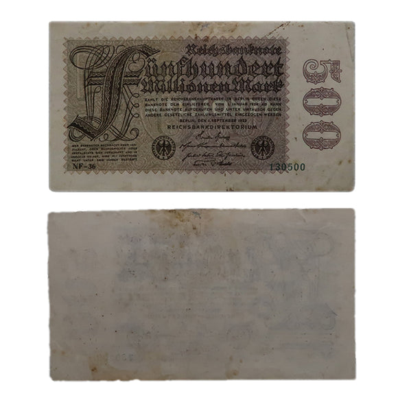Germany, 500 Million Mark, 1923, VF Used Condition, ( Single Side Print with Water Marks ) Rare Banknote, Weimar Inflation Banknote