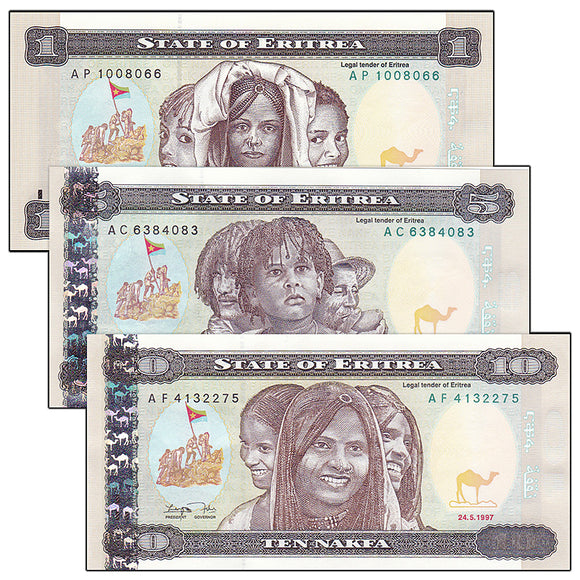 Eritrea Set 3 pcs ( 1,5,10 Nakfa ) banknotes UNC real original banknote