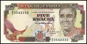 Zambia, 5 Kwacha, 1989, P-30, UNC Original Banknote for Collection