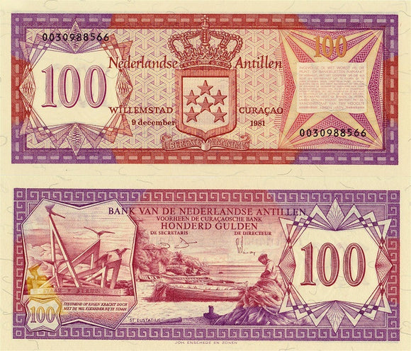 Netherlands Antilles, 100 Gulden, 1981, UNC Original Banknote for Collection