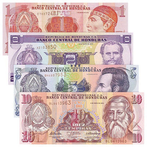Honduras Set 4 pcs ( 1 2 5 10 Lempira ), Random year, banknotes P-86 89 90 91, UNC original banknote