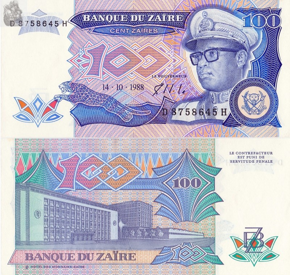 Zaire, 100 Zaires, 1988,  UNC Original Banknote for Collection