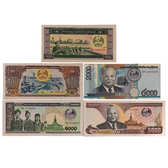 Laos Set 5 pcs (100.500.1000.2000.5000 Kip) Banknotes UNC original banknote